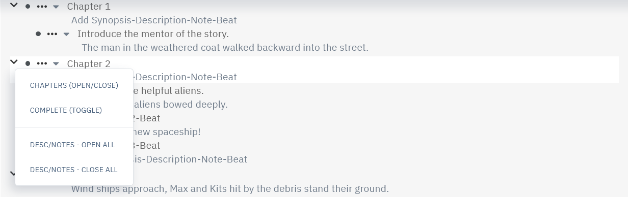 Storyfyre Scenes Outline: Bullet Point Menu