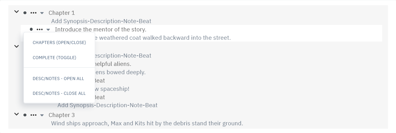 Storyfyre Scenes Outline: Bullet Point Menu