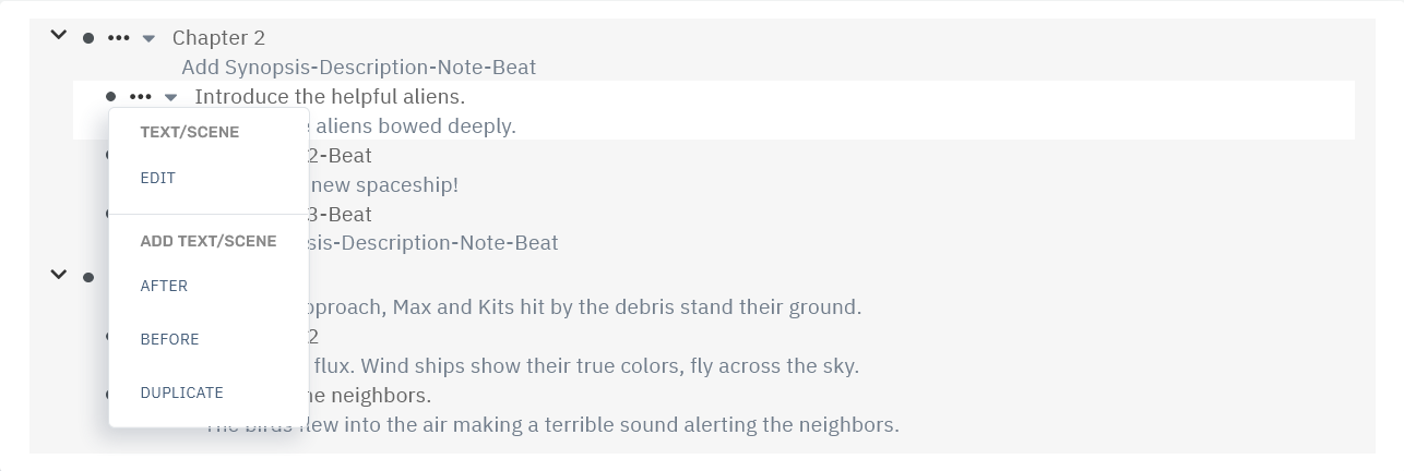 Storyfyre Scenes Outline: Scenes Outline Menu