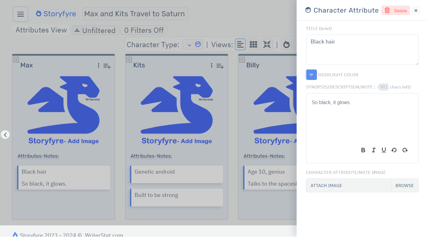 Storyfyre Characters: Character Attribute Edit