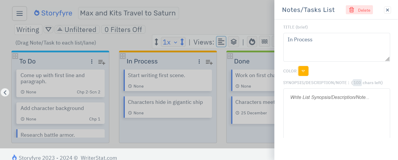 Storyfyre Notes & Tasks: List/Lane Edit