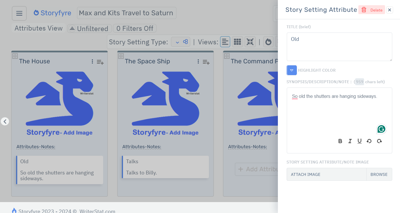 Storyfyre Story Settings: Story Setting Attribute Edit
