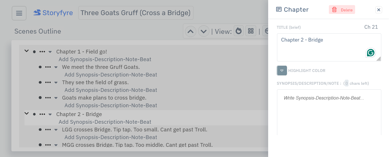 Storyfyre Scenes Outline: Chapter Edit